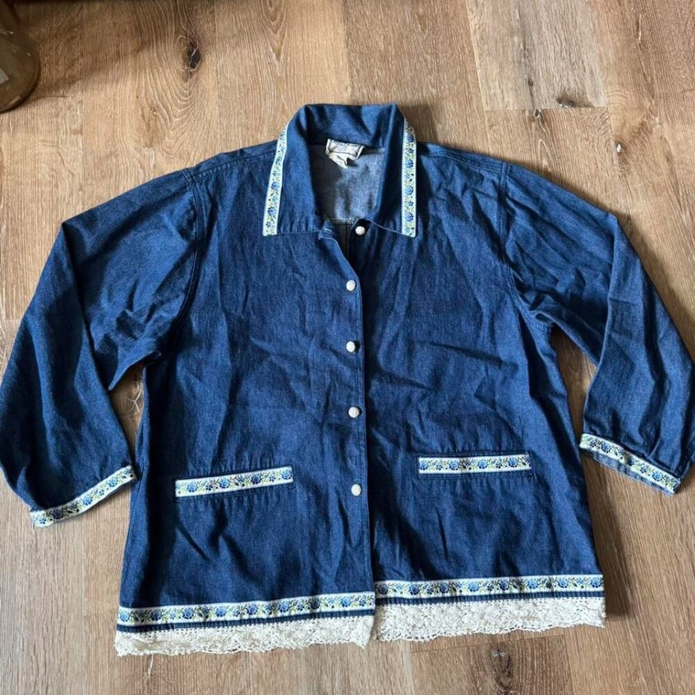 April Cornell Vintage Womens Blue Denim Jean Jacket Floral Lace Trim Size‎ M